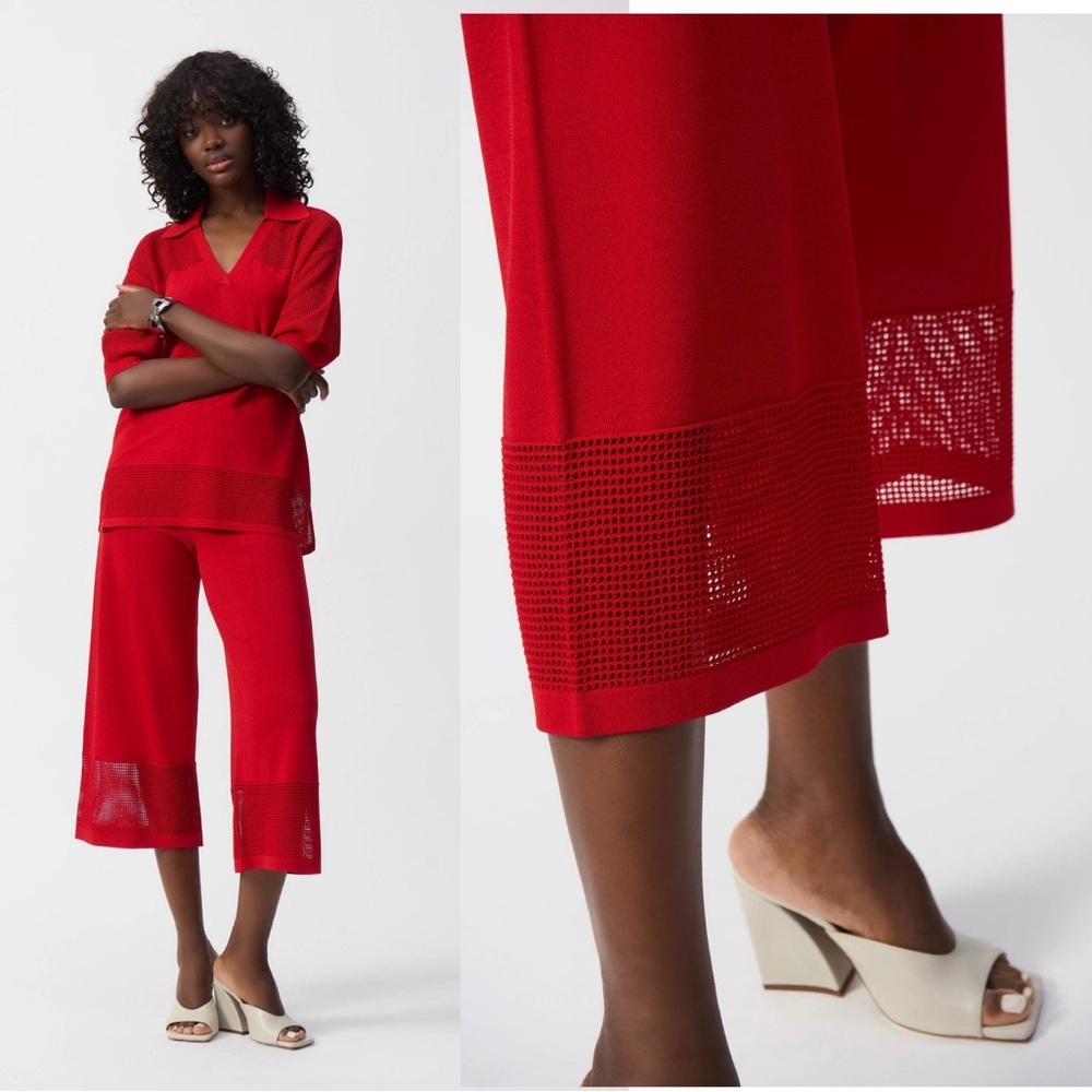 Joseph Ribkoff Red Sweater Knit Culotte crop pants with Pointelle Detail L NWOT